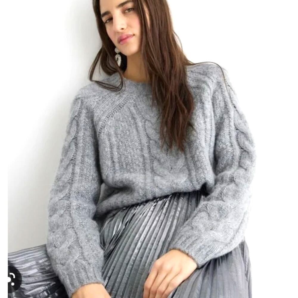J.Crew Metallic Cable Knit Sweater Silver Lurex Gray Crewneck Alpaca Women's XL